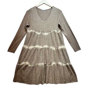 Womens Long Sleeve Tiered Babydoll Dress Tan Tie Dye Midi Dress V-Neck Knit